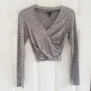 Grey surplice choker neck wrap long sleeve top